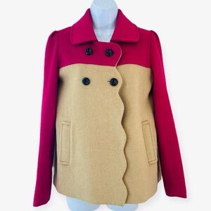 THE CUE by Cher Qu Color Block Pea Coat Size XS 100% Cashmere Wool Magenta Tan
